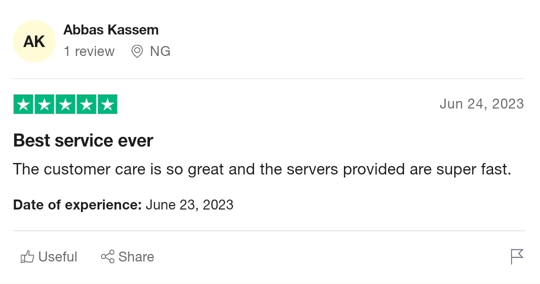 Screenshot of a Trustpilot iptv reviews by Abbas Kassem, rated 5 stars. Dated June 24, 2023, it states "Best IPTV service ever. The customer care is so great and the IPTV servers provided are super fast." Date of experience: June 23, 2023. Options to mark as Useful or Share are visible.