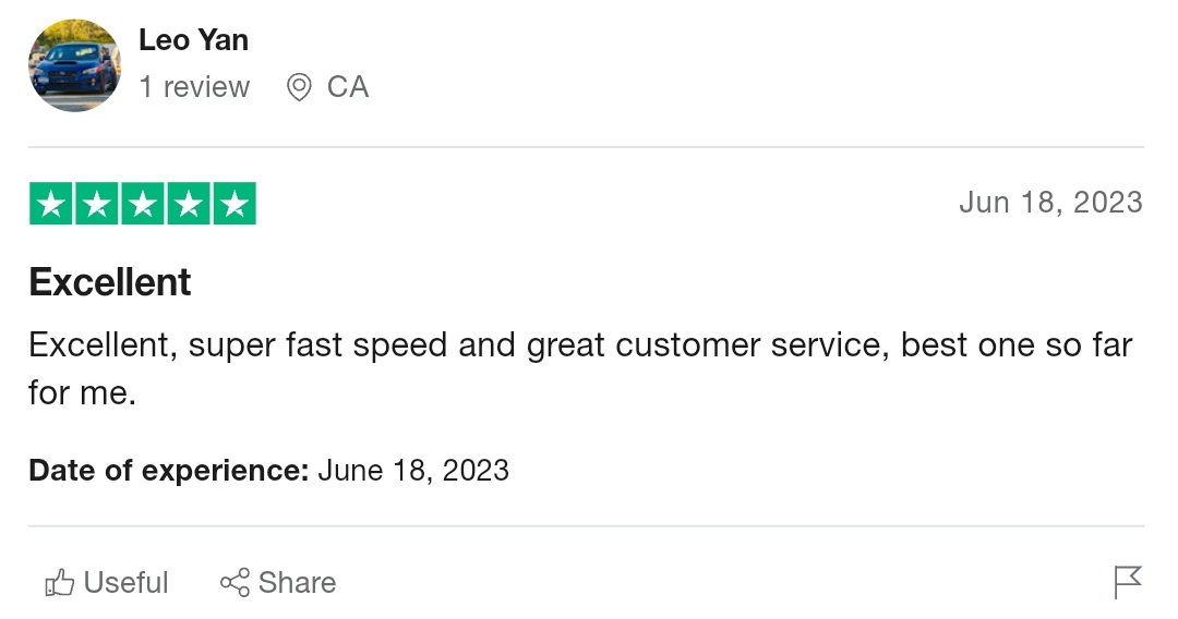 A customer iptv reviews by Leo Yan from California on June 18, 2023, giving an "Excellent" rating with 5 stars. The review states "Excellent, super fast speed and great customer service, best IPTV one so far for me." Includes buttons for "Useful" and "Share.